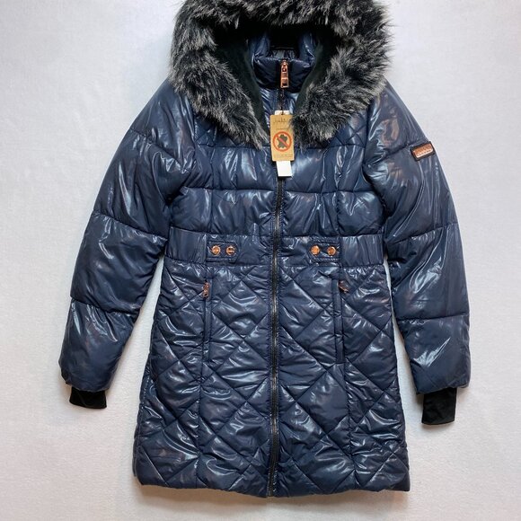 Nicole Miller Coat Womens S Navy Studio Shiny Hooded Winter Jacket Fur NWT $185 - Picture 1 of 15